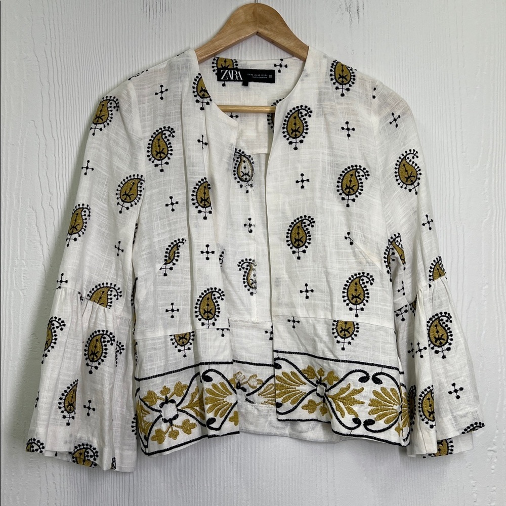 Zara - Embroidered Gold And Black Open Front Paisley Pattern Blazer Size XS - Picture 7 of 11